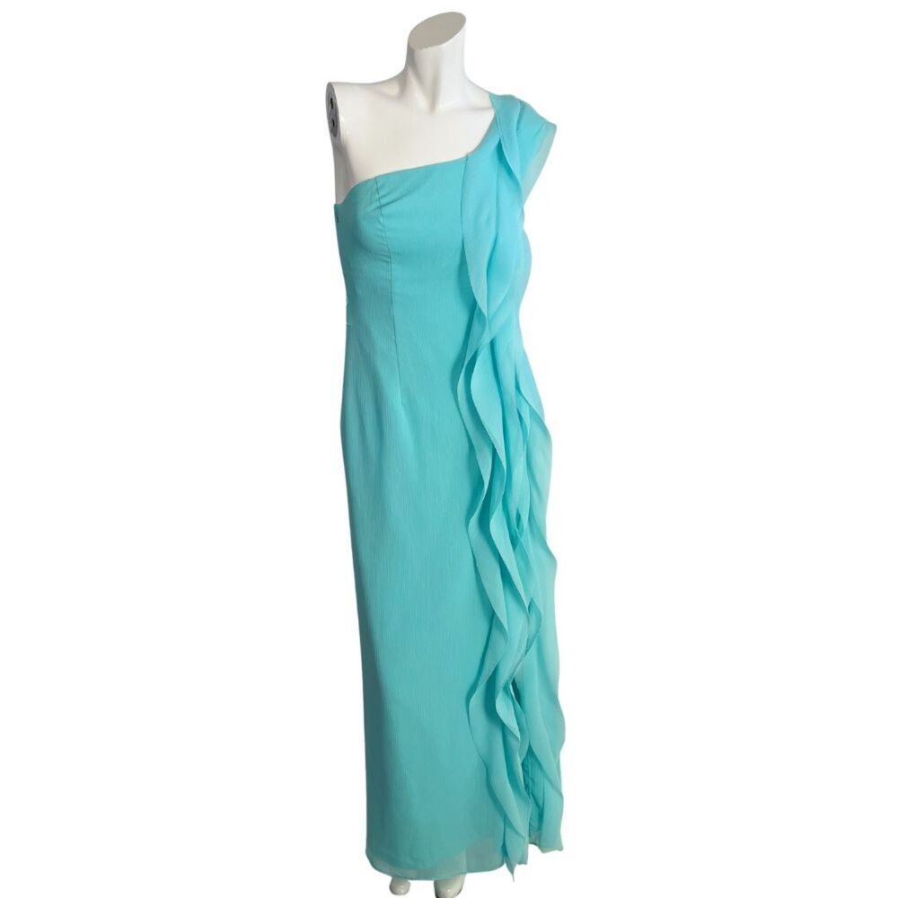Vera Wang White Aqua Blue Chiffon One Shoulder Ruffle Summer Maxi Dress Size 4